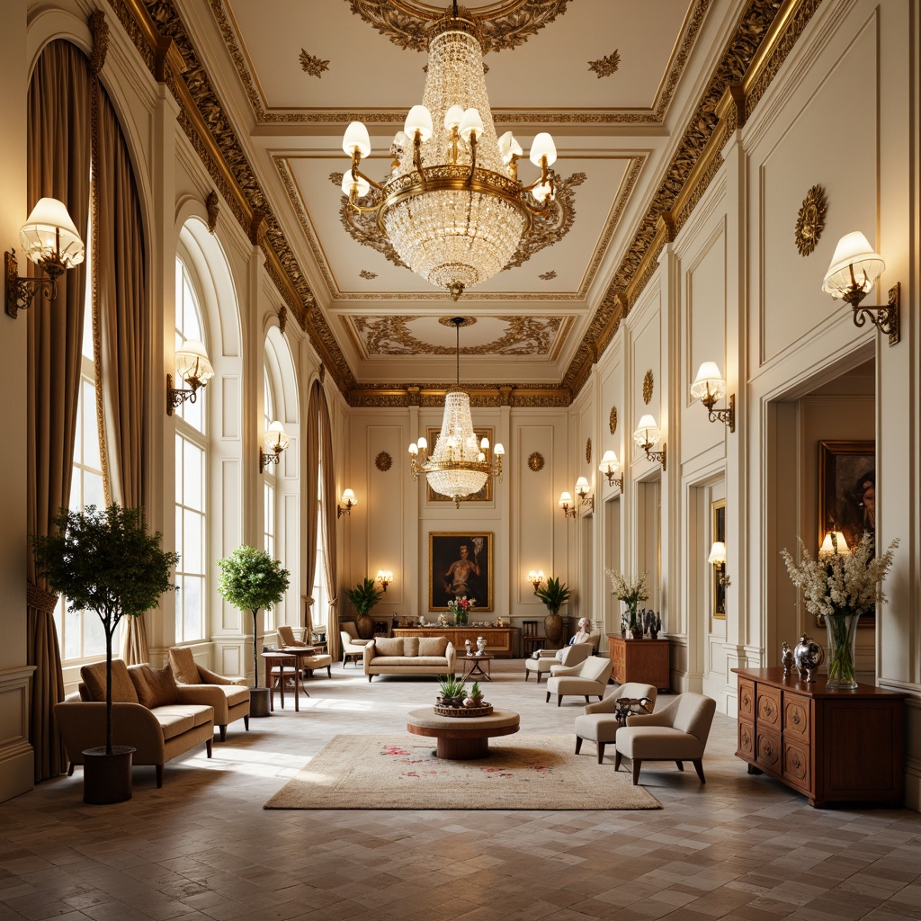 Prompt: Ornate chandeliers, crystal droplets, luxurious gold accents, intricate moldings, soft cream hues, elegant arches, refined ornamental details, lavish furnishings, opulent fabrics, rich wood tones, vintage bronze fixtures, subtle ambient lighting, warm beige textures, sophisticated composition, harmonious proportions, grandiose scale, symmetrical arrangement, majestic atmosphere.