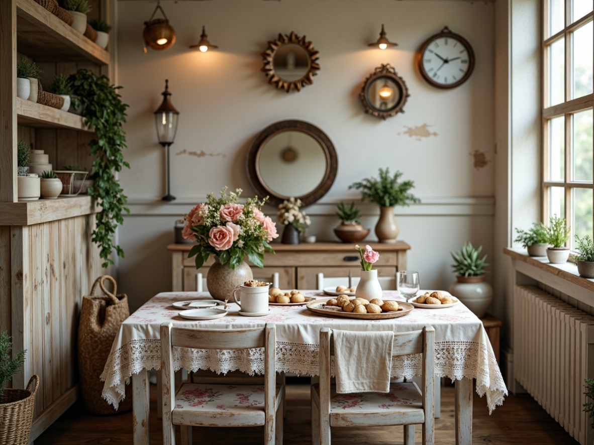 Prompt: Distressed vintage furniture, soft pastel hues, delicate lace trims, floral patterned fabrics, ornate mirrors, rustic wooden accents, distressed metalware, feminine curvaceous lines, warm candlelight, natural woven textiles, antique decorative items, whimsical garden-inspired accessories, subtle sparkle, romantic ambiance, shallow depth of field, 1/1 composition, soft focus effect.