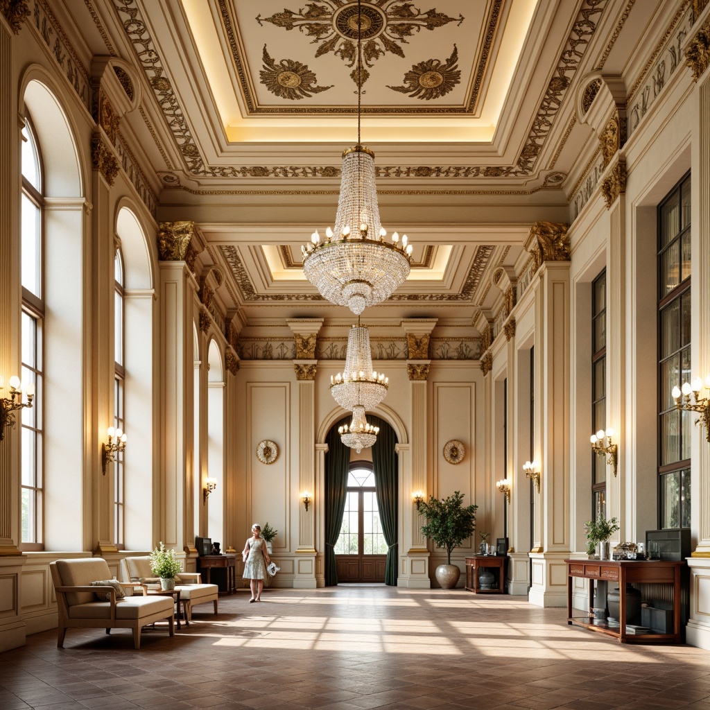 Prompt: Elegant neoclassical interior, ornate moldings, intricate carvings, gold leaf details, cream-colored walls, rich wood paneling, crystal chandeliers, luxurious fabrics, velvet drapes, marble fireplaces, symmetrical composition, soft warm lighting, subtle shadows, refined architectural elements, decorative ceiling medallions, acanthus leaf motifs, classical proportions, harmonious color palette, sophisticated ambiance.