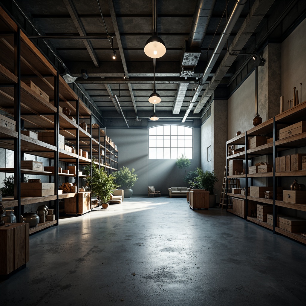 Prompt: Industrial warehouse, concrete floors, steel beams, exposed ductwork, minimalist decor, functional lighting, reclaimed wood accents, metal shelving units, urban loft atmosphere, natural light pouring, cinematic shadows, gritty textures, dramatic contrast, shallow depth of field, 1/1 composition, symmetrical framing, desaturated color palette, moody ambiance, atmospheric haze.