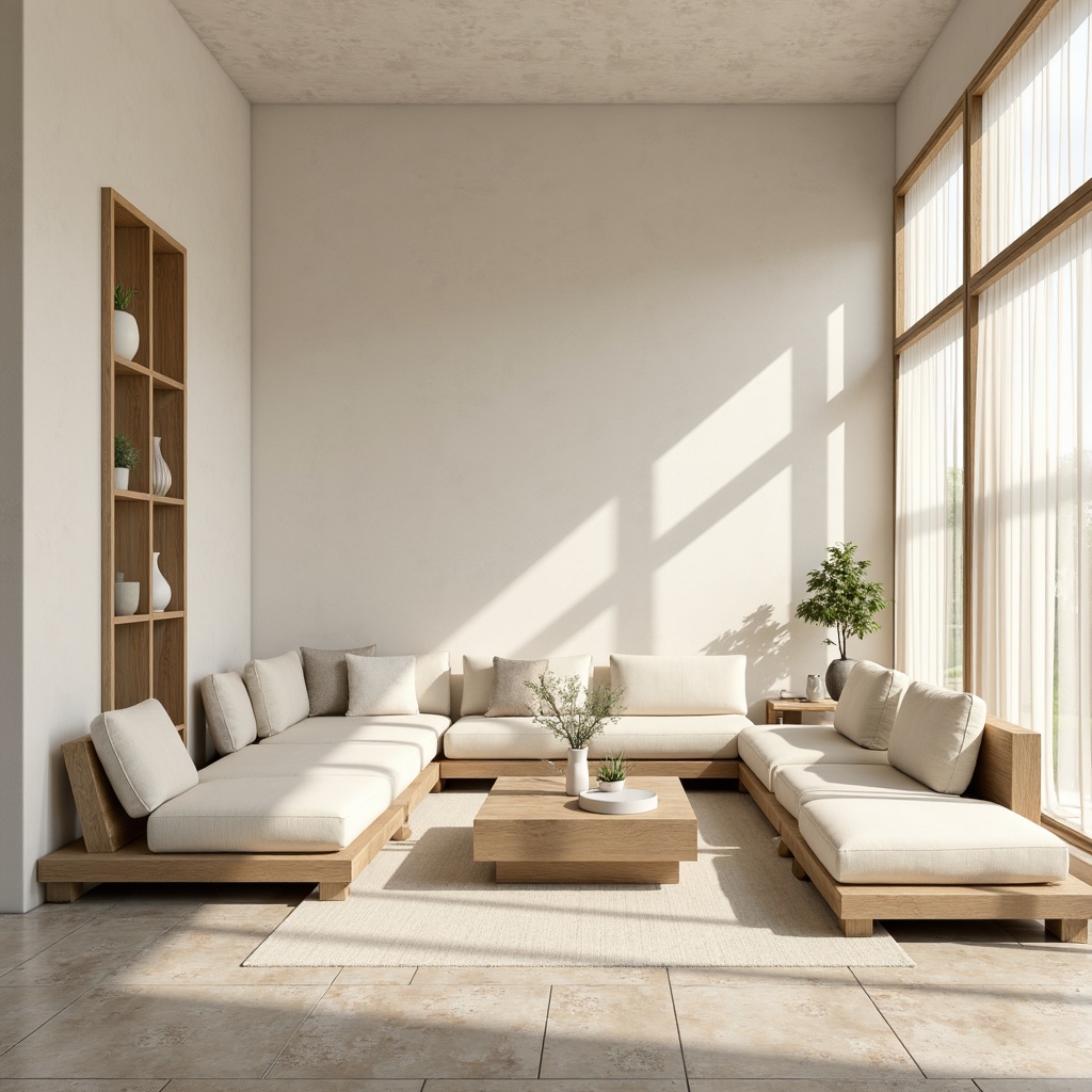 Prompt: Minimalist interior space, neutral color scheme, soft beige walls, cream-colored furniture, subtle texture variations, natural stone flooring, wooden accents, simple decor, elegant lines, calm atmosphere, abundant natural light, large windows, sheer white curtains, 1/1 composition, shallow depth of field, realistic textures, ambient occlusion.