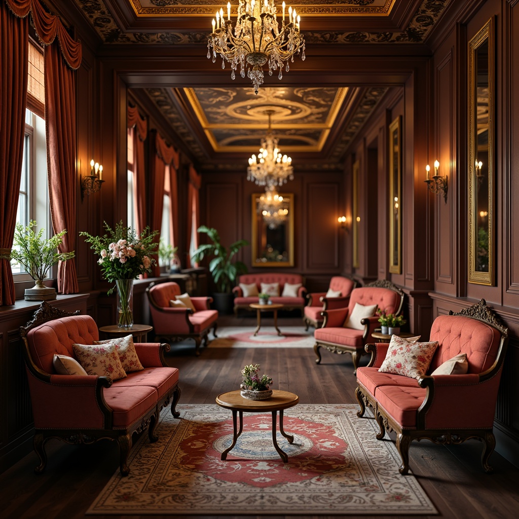 Prompt: Ornate furniture pieces, intricately carved wooden legs, upholstered velvet sofas, rich mahogany wood tones, golden gilded accents, ornamental mirrors, plush drapery, crystal chandeliers, luxurious fabrics, subtle sheen, warm candlelight, soft focus, 1/2 composition, atmospheric perspective, realistic textures, detailed normal maps.