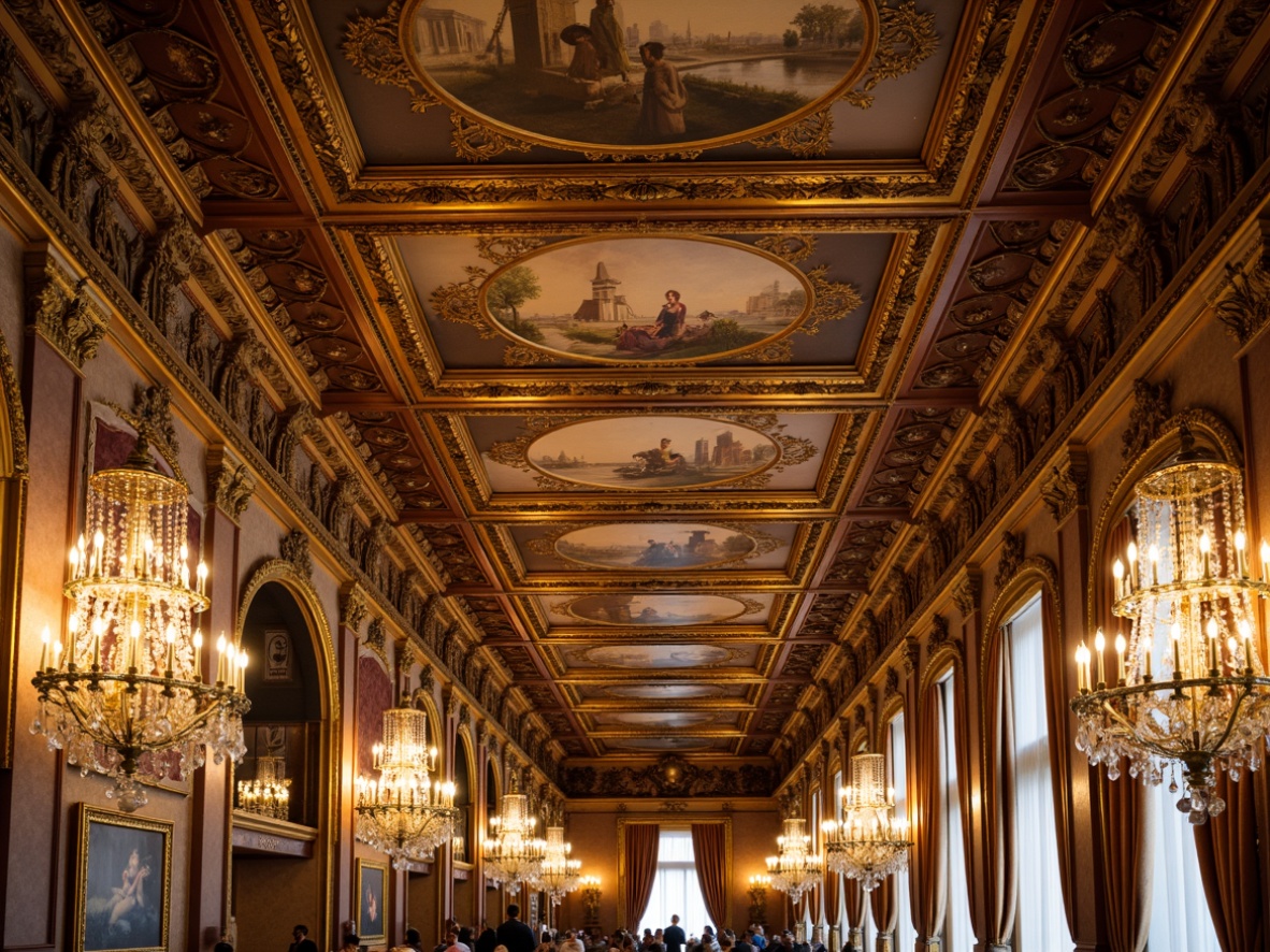 Prompt: Intricate Baroque-style ceiling, ornate moldings, gilded details, fresco paintings, grand chandeliers, crystal prisms, luxurious fabrics, rich wood tones, ornamental plasterwork, coffered ceilings, classical arches, symmetrical compositions, warm golden lighting, soft shadows, dramatic height, 3/4 composition, realistic textures, ambient occlusion.