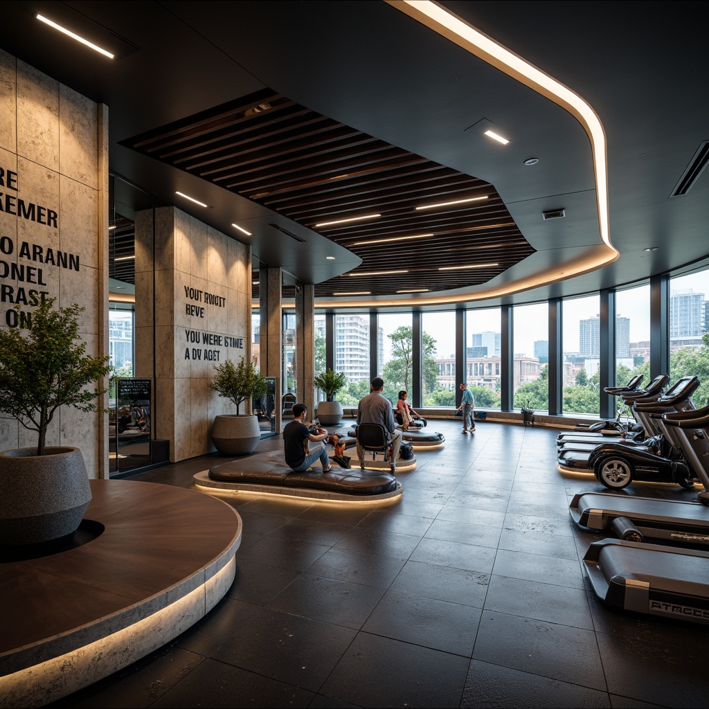 Prompt: Dynamic fitness club, curved lines architecture, modern minimalist interior, sleek metal equipment, mirrored walls, rubber flooring, motivational quotes, natural stone accents, LED lighting systems, futuristic ambiance, high-ceiling windows, cityscape views, urban jungle atmosphere, early morning light, soft warm glow, shallow depth of field, 3/4 composition, panoramic view, realistic textures, ambient occlusion.