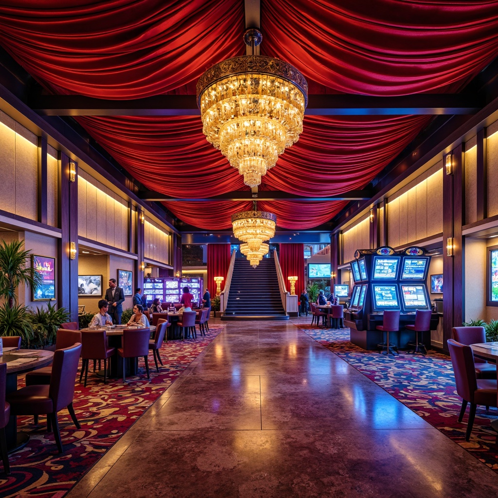 Prompt: Vibrant casino interior, rich velvet drapes, luxurious gold accents, neon signage, bold patterned carpets, glossy marble floors, ornate chandeliers, plush seating areas, lavish decorative elements, warm atmospheric lighting, deep blues and reds, metallic silvers and chromes, intricate moldings, opulent furnishings, grand staircase, majestic high ceilings, soft focus blur, shallow depth of field, 2/3 composition, cinematic color grading, realistic material textures.