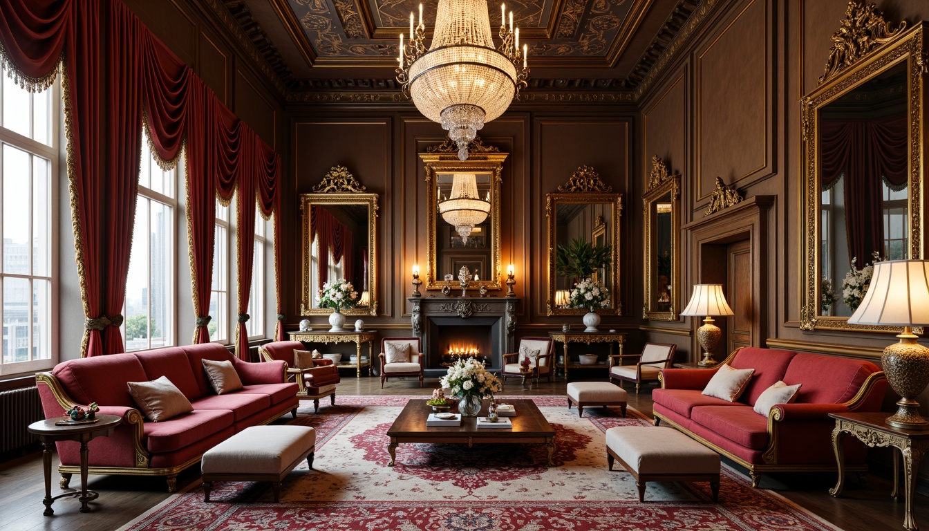 Prompt: Ornate Baroque living room, luxurious velvet sofas, intricately carved wooden armchairs, gilded mirrors, ornamental consoles, lavish crystal chandeliers, richly patterned rugs, golden accents, sculptural coffee tables, tufted ottomans, regal drapery, opulent fabrics, grandiose scale, warm soft lighting, shallow depth of field, 1/1 composition, realistic textures, ambient occlusion.