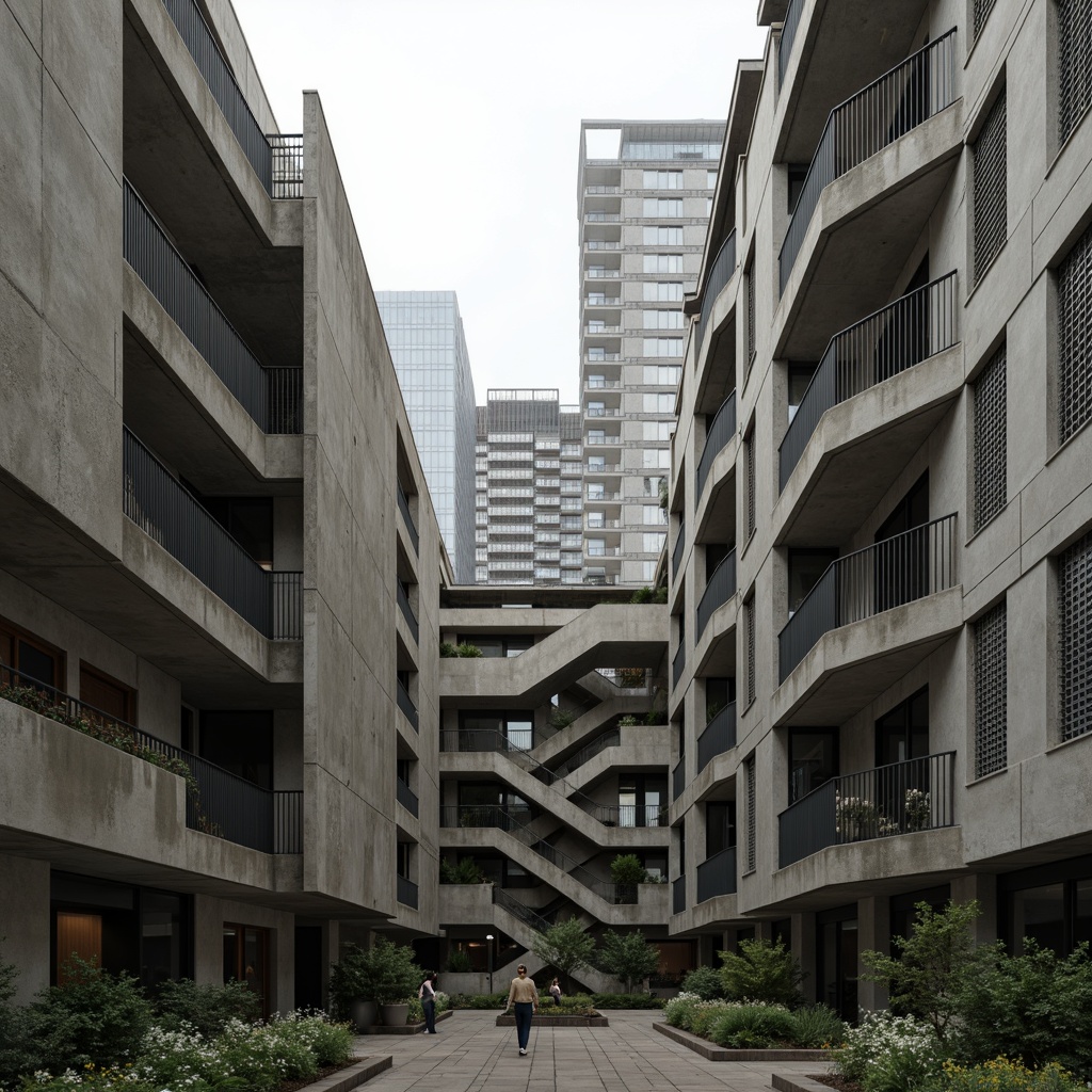 Prompt: Exposed concrete walls, rugged textures, bold angular lines, fortress-like structures, monumental staircases, industrial metal beams, raw unfinished materials, dramatic cantilevered roofs, asymmetrical facades, geometric patterned windows, brutalist architectural style, urban cityscape backdrop, overcast skies, high-contrast lighting, deep shadows, 1/2 composition, cinematic mood, realistic renderings.