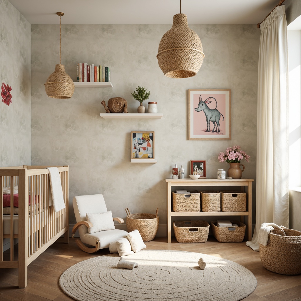 Prompt: Whimsical nursery, soft pastel colors, textured wallpaper, natural wood accents, woven baskets, plush toys, vintage children's books, distressed wooden shelves, floral patterns, ruffled curtains, creamy whites, warm beige tones, gentle lighting, shallow depth of field, 1/1 composition, intimate atmosphere, rustic charm, earthy undertones.