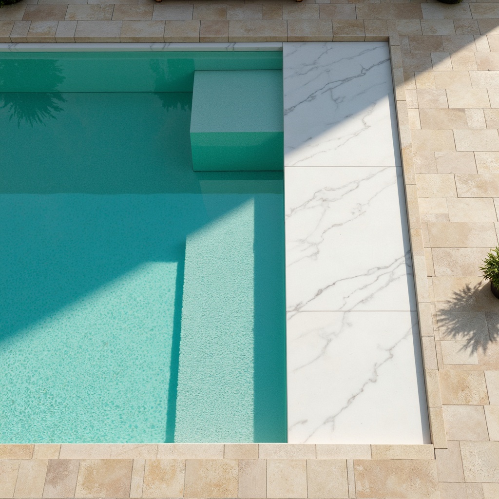 Prompt: Vibrant turquoise lanes, sleek white marble decks, elegant stone coping, crystal-clear water, natural light pouring in, warm beige travertine floors, modern minimalist architecture, clean lines, rectangular shapes, subtle shadowing, soft focus, 1/1 composition, realistic reflections, ambient occlusion.