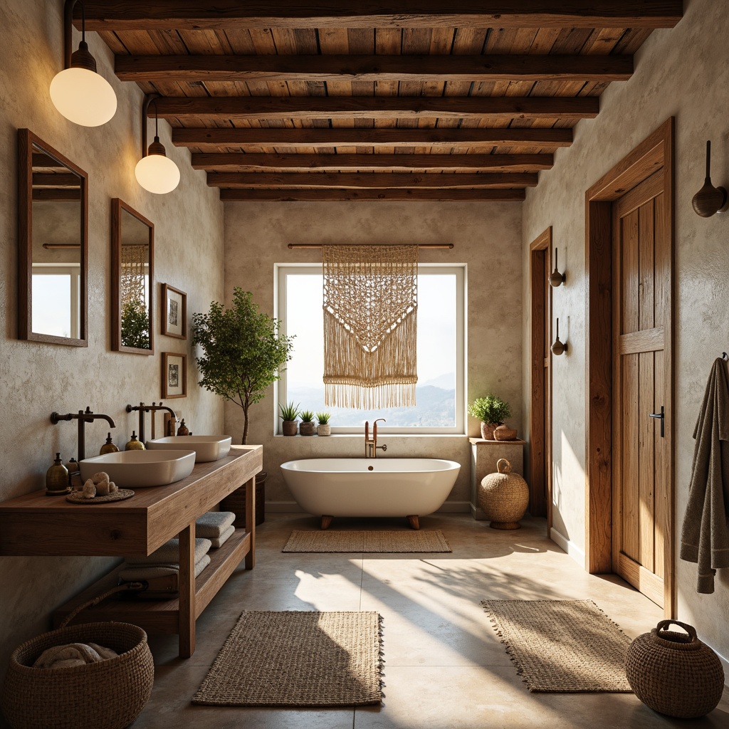 Prompt: Rustic bathroom, natural stone walls, wooden accents, earthy color palette, woven baskets, linen towels, jute rugs, macrame wall hangings, woven fiber shower curtains, reclaimed wood vanities, copper fixtures, warm ambient lighting, soft focus, shallow depth of field, 1/1 composition, inviting atmosphere.