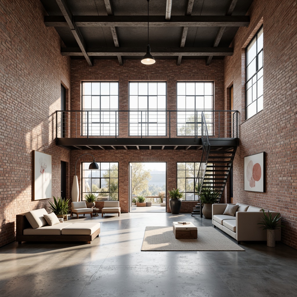 Prompt: Exposed brick walls, polished concrete floors, minimalist decor, industrial chic aesthetic, open-plan living, modern warehouse conversions, streamlined interiors, high ceilings, metal beams, reclaimed wood accents, urban loft ambiance, natural light pouring in, airy atmosphere, functional simplicity, Scandinavian-inspired furniture, monochromatic color scheme, geometric patterns, abstract art pieces, floor-to-ceiling windows, sliding glass doors, sleek metal staircases, industrial-style lighting fixtures, warm neutral tones, 1/1 composition, shallow depth of field, softbox lighting.