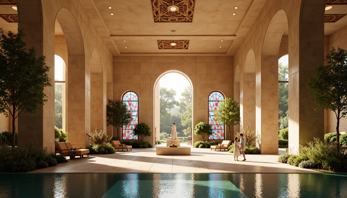 Prompt: Sacred temple, warm golden lighting, rich wood tones, soothing beige walls, elegant marble floors, ornate stained glass windows, vibrant red accents, calming blue hues, gentle cream ceilings, serene natural surroundings, lush greenery, peaceful water features, subtle texture overlays, realistic ambient occlusion, 1/2 composition, soft focus effect.