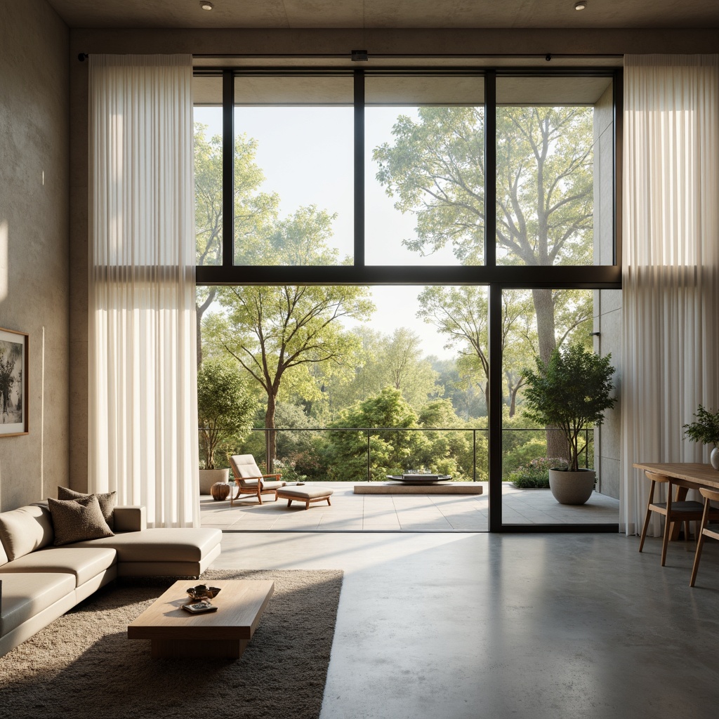 Prompt: Minimalist living room, floor-to-ceiling windows, sliding glass doors, sheer white curtains, polished concrete floors, low-profile furniture, neutral color palette, indirect natural light, soft warm ambiance, subtle shadows, 1/1 composition, shallow depth of field, panoramic view, realistic textures, ambient occlusion, morning sunlight, gentle breeze, lush greenery outside.