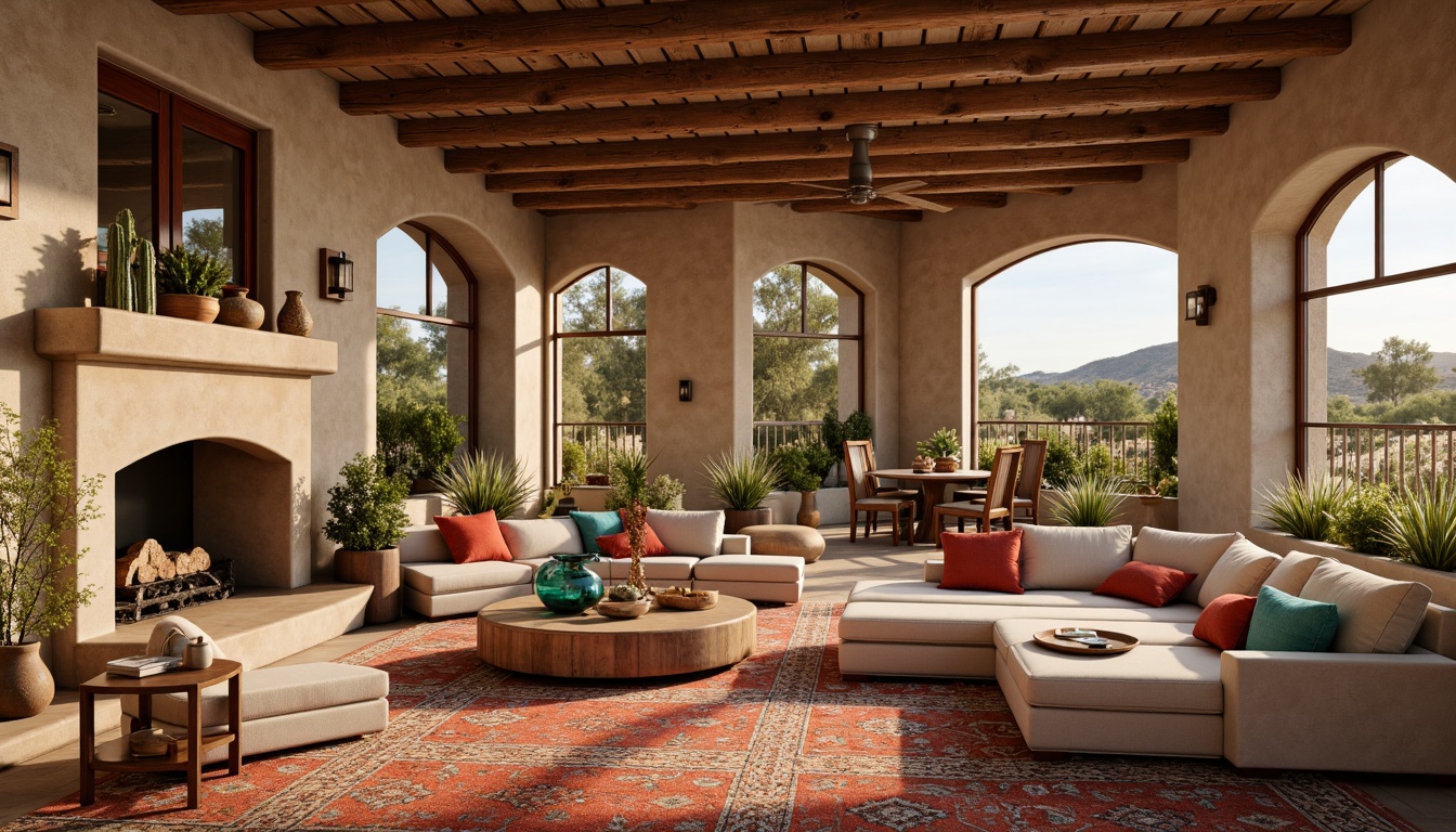 Prompt: Vibrant great room, southwestern decor, warm earth tones, rustic wooden accents, woven textiles, geometric patterned rugs, plush sectional sofas, natural stone fireplaces, turquoise glass vases, cactus plants, desert landscape views, arched windows, stucco walls, adobe-inspired architecture, warm golden lighting, shallow depth of field, 3/4 composition, realistic textures, ambient occlusion.