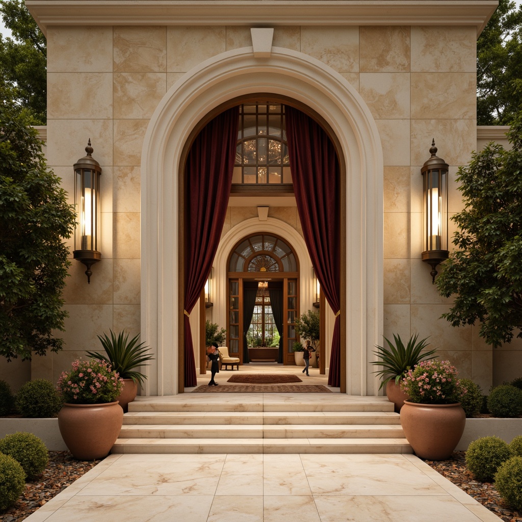 Prompt: Grand entrance, luxurious marble flooring, elegant wooden doors, ornate metal handles, sophisticated glass panels, subtle LED lighting, ambient warm glow, creamy stone walls, rich velvet drapes, polished chrome fixtures, intricate mosaic patterns, natural fiber rugs, earthy terracotta pots, lush greenery, vibrant floral arrangements, dramatic archways, shallow depth of field, 1/1 composition, softbox lighting, realistic textures, ambient occlusion.