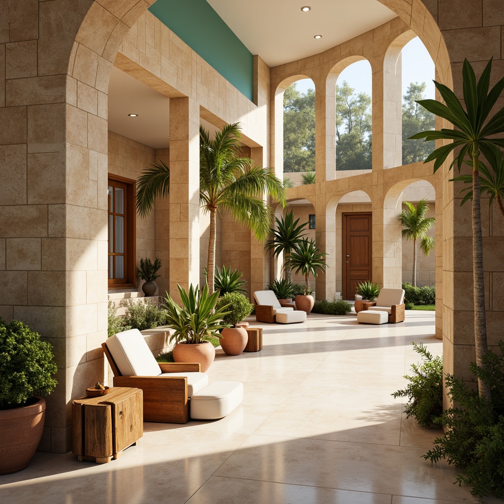 Prompt: Warm beige stone walls, creamy white marble floors, soft turquoise accents, rich walnut wood tones, vibrant terracotta pottery, lush greenery, natural light pouring in through large windows, airy open spaces, elegant curved lines, sophisticated modern furniture, comfortable seating areas, warm golden lighting, shallow depth of field, 1/1 composition, realistic textures, ambient occlusion.