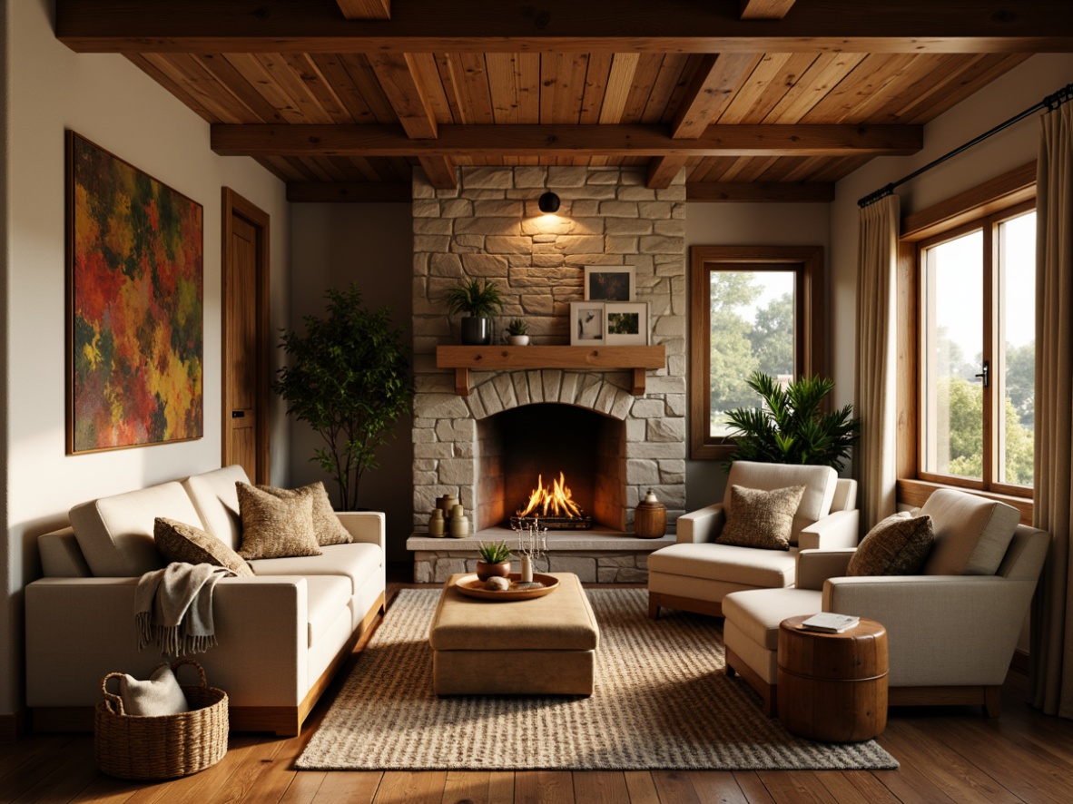 Prompt: Cozy family room, earthy tone walls, reclaimed wood accents, warm beige sofas, vintage armchairs, distressed leather ottomans, natural fiber rugs, woven basket coffee tables, wooden beam ceilings, stone fireplaces, soft candlelight, warm golden lighting, shallow depth of field, 1/2 composition, intimate atmosphere, realistic textures, ambient occlusion.