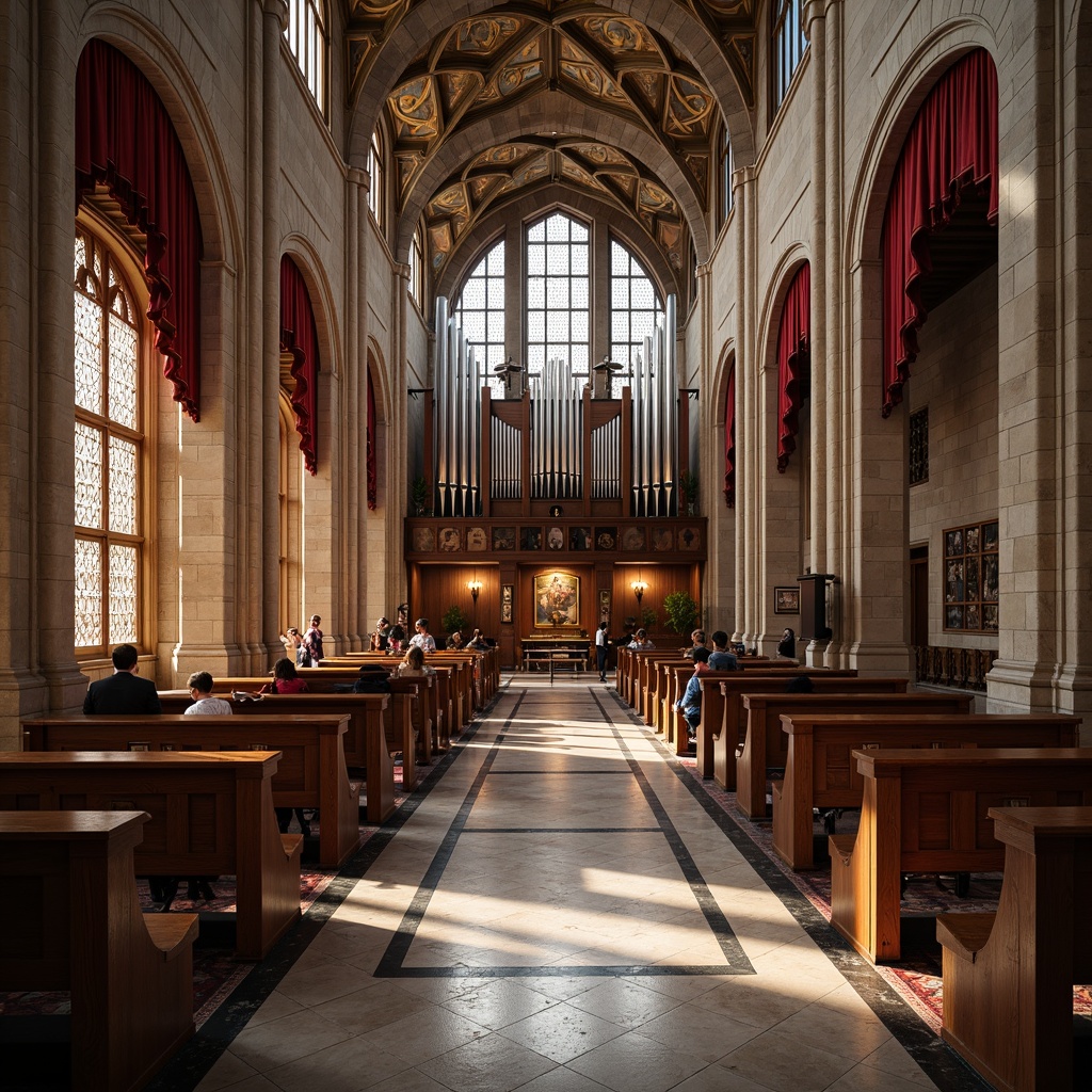 Prompt: Grand cathedral interior, ornate stone carvings, stained glass windows, rich velvet drapes, polished marble floors, intricate wooden pews, majestic organ pipes, soft warm lighting, dramatic chiaroscuro, rustic brick arches, smooth limestone columns, vibrant fresco ceilings, ornamental gold accents, serene ambiance, 1/2 composition, shallow depth of field, realistic textures, ambient occlusion.