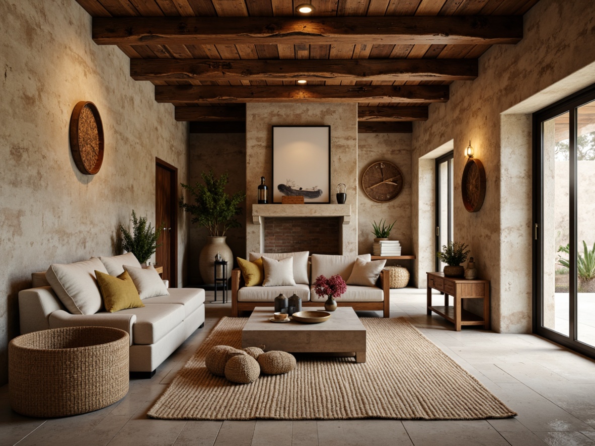 Prompt: Earth-toned stone walls, rough-hewn wooden beams, natural fiber rugs, woven baskets, organic shapes, reclaimed wood accents, raw concrete floors, exposed brick surfaces, distressed metal frames, vintage decorative items, warm ambient lighting, soft shadows, 1/1 composition, intimate close-ups, realistic material textures, subtle depth of field.