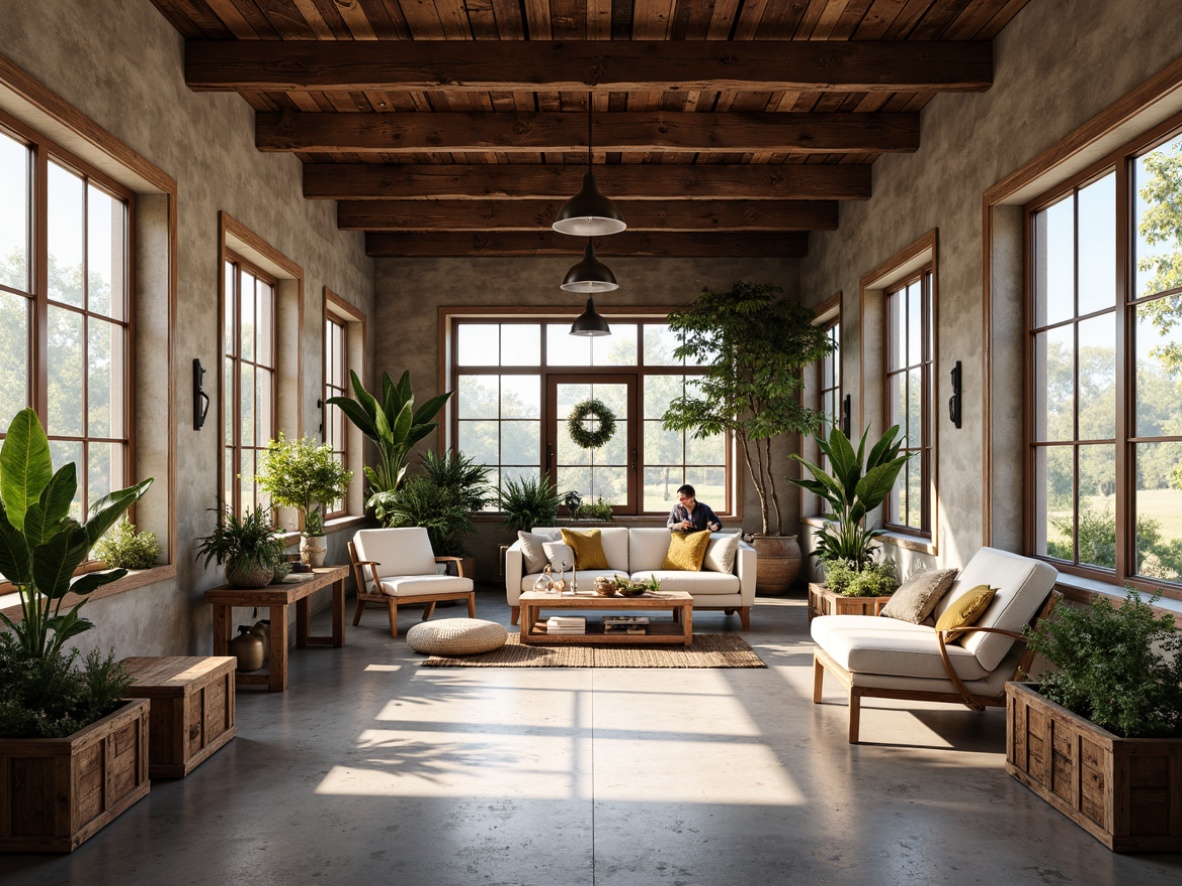 Prompt: Rustic farmhouse, vintage industrial decor, reclaimed wood accents, metal beams, exposed brick walls, large windows, natural light, airy atmosphere, open floor plan, modern minimalism, earthy tones, distressed finishes, pendant lighting, concrete floors, wooden crates, potted greenery, natural textiles, woven baskets, cozy nooks, soft warm lighting, shallow depth of field, 1/2 composition, realistic textures, ambient occlusion.