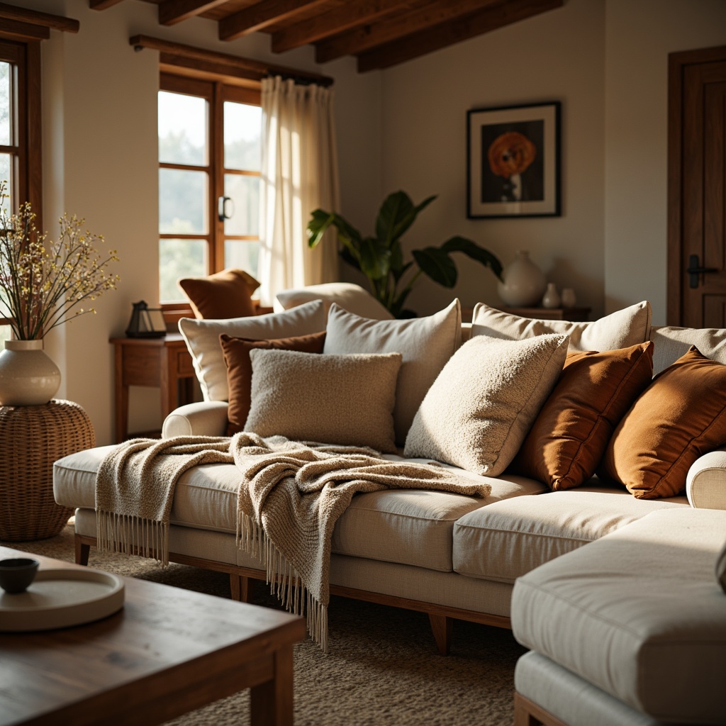 Prompt: Cozy living room, plush throw blankets, soft velvet pillows, woven rattan furniture, natural linen upholstery, rustic wooden accents, earthy color palette, warm ambient lighting, shallow depth of field, 1/1 composition, realistic textures, ambient occlusion.