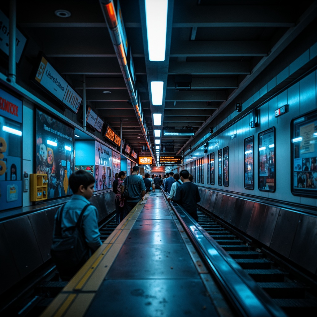 Prompt: \Moody metro station, dimly lit tunnels, atmospheric LED lighting, futuristic escalators, sleek metal railings, urban concrete walls, vibrant neon signs, bustling crowd scenes, realistic reflections, shallow depth of field, 3/4 composition, panoramic view, ambient occlusion, warm color temperatures, soft glowing lights, dynamic shadows, high-contrast ratios.\