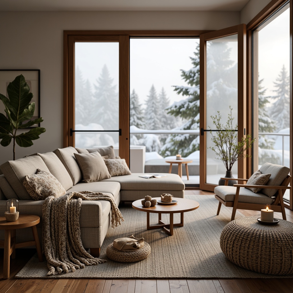 Prompt: Cozy Scandinavian living room, plush throw blankets, woven wool fabrics, natural linen textures, earthy color palette, wooden accents, minimalist furniture, soft warm lighting, candles, floor-to-ceiling windows, snowy winter scenery, frosted glass doors, Nordic-inspired patterns, geometric shapes, nature-inspired motifs, organic materials, hand-woven rugs, chunky knits, rustic wood tones, ambient occlusion, shallow depth of field, 3/4 composition, realistic rendering.