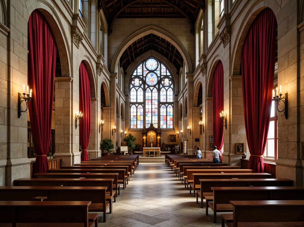 Prompt: Elegant church interior, ornate stone carvings, intricate stained glass windows, rich velvet drapes, polished wooden pews, gilded altarpieces, soft warm candlelight, dramatic vaulted ceilings, rustic brick walls, modern minimalist furniture, vibrant colorful tapestries, subtle natural textures, serene atmosphere, shallow depth of field, 1/1 composition, realistic materials, ambient occlusion.