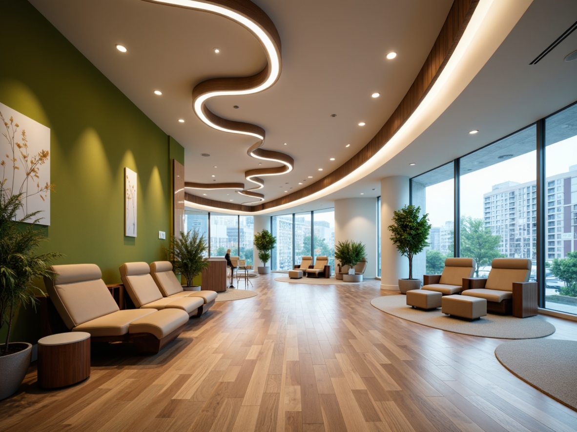 Prompt: Curved lines, minimalist decor, calming ambiance, natural materials, ample daylight, sleek metal accents, ergonomic furniture, soft warm lighting, shallow depth of field, 3/4 composition, panoramic view, modern healthcare equipment, private consultation rooms, comfortable waiting areas, green walls, indoor plants, wood flooring, acoustic ceilings, subtle color schemes, circular shapes, fluid architecture, futuristic design elements, high-tech medical devices, sterile environments, efficient patient flow, serene atmosphere, realistic textures, ambient occlusion.