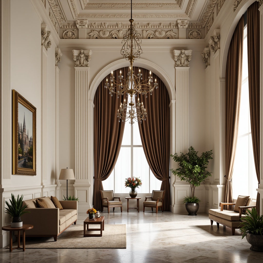 Prompt: Elegant neoclassical interior, ornate moldings, intricate carvings, creamy white walls, rich wood paneling, polished marble floors, grandiose chandeliers, lavish furnishings, velvet drapes, gilded frames, subtle lighting, shallow depth of field, 1/2 composition, symmetrical arrangement, realistic textures, ambient occlusion.