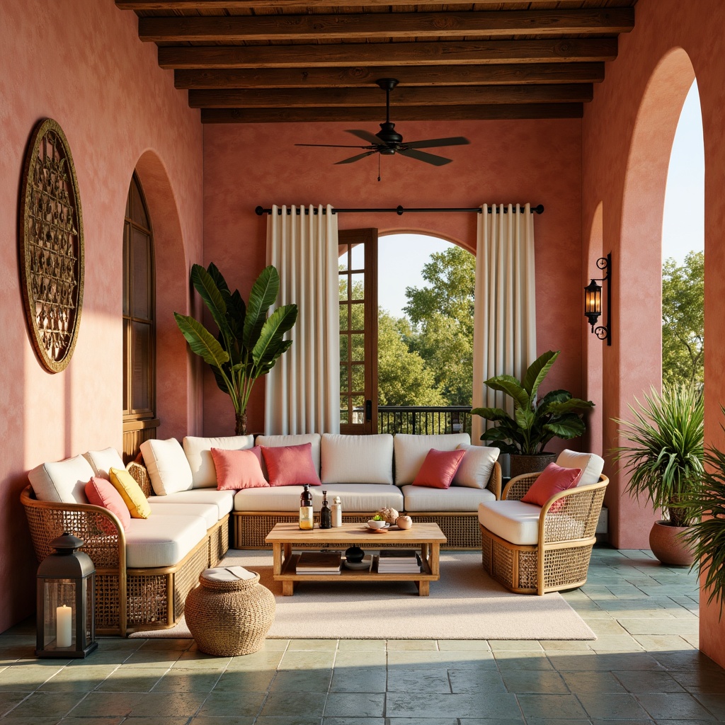 Prompt: Warm terracotta walls, soft cream furnishings, distressed wood accents, rustic stone flooring, turquoise ceramic tiles, vintage metal lanterns, natural linen drapes, woven rattan furniture, lush greenery, pops of coral pink, sunny yellow, and sky blue, warm golden lighting, shallow depth of field, 1/1 composition, realistic textures, ambient occlusion.