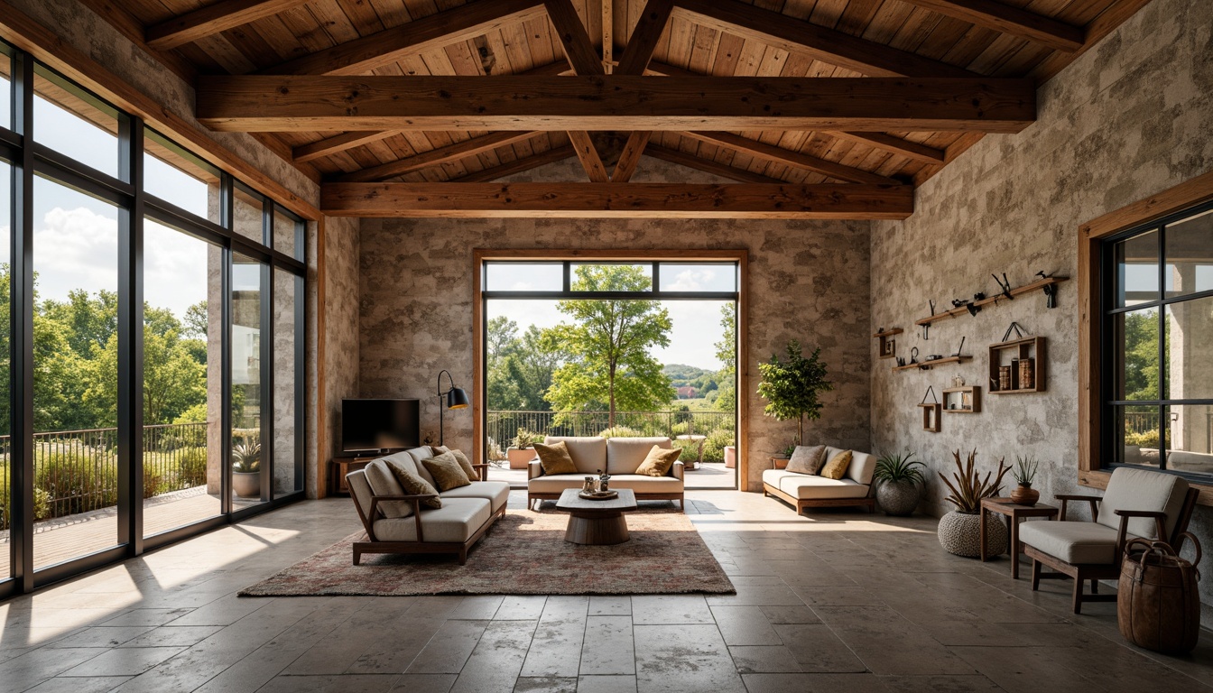 Prompt: Rustic farmhouse, open layout, high ceilings, wooden beams, natural stone walls, reclaimed wood floors, vintage farm tools, earthy color palette, soft warm lighting, cozy nooks, plush couches, rustic metal chairs, potted plants, modern industrial lighting, steel windows, sliding glass doors, panoramic views, blurred background, shallow depth of field, 1/1 composition, relaxed atmosphere.