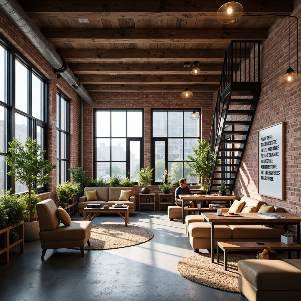 Prompt: Industrial-chic loft, exposed beams, reclaimed wood accents, modern academic style, brick walls, concrete floors, metal staircase, minimalist decor, abundant natural light, large windows, urban views, cozy reading nooks, comfortable seating areas, wooden desks, inspirational quotes, greenery-filled planters, warm industrial lighting, shallow depth of field, 2/3 composition, realistic textures, ambient occlusion.