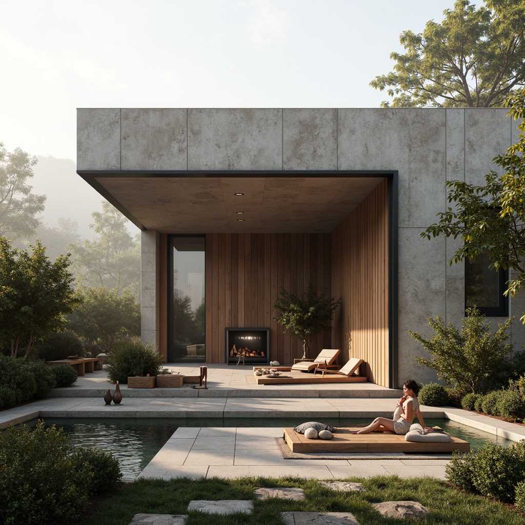 Prompt: Rugged villa exterior, brutalist architecture, raw concrete walls, industrial metal doors, reclaimed wood accents, minimalist decor, low-profile furniture, natural stone flooring, earthy color palette, lush greenery surroundings, misty morning atmosphere, soft warm lighting, shallow depth of field, 1/1 composition, realistic textures, ambient occlusion.