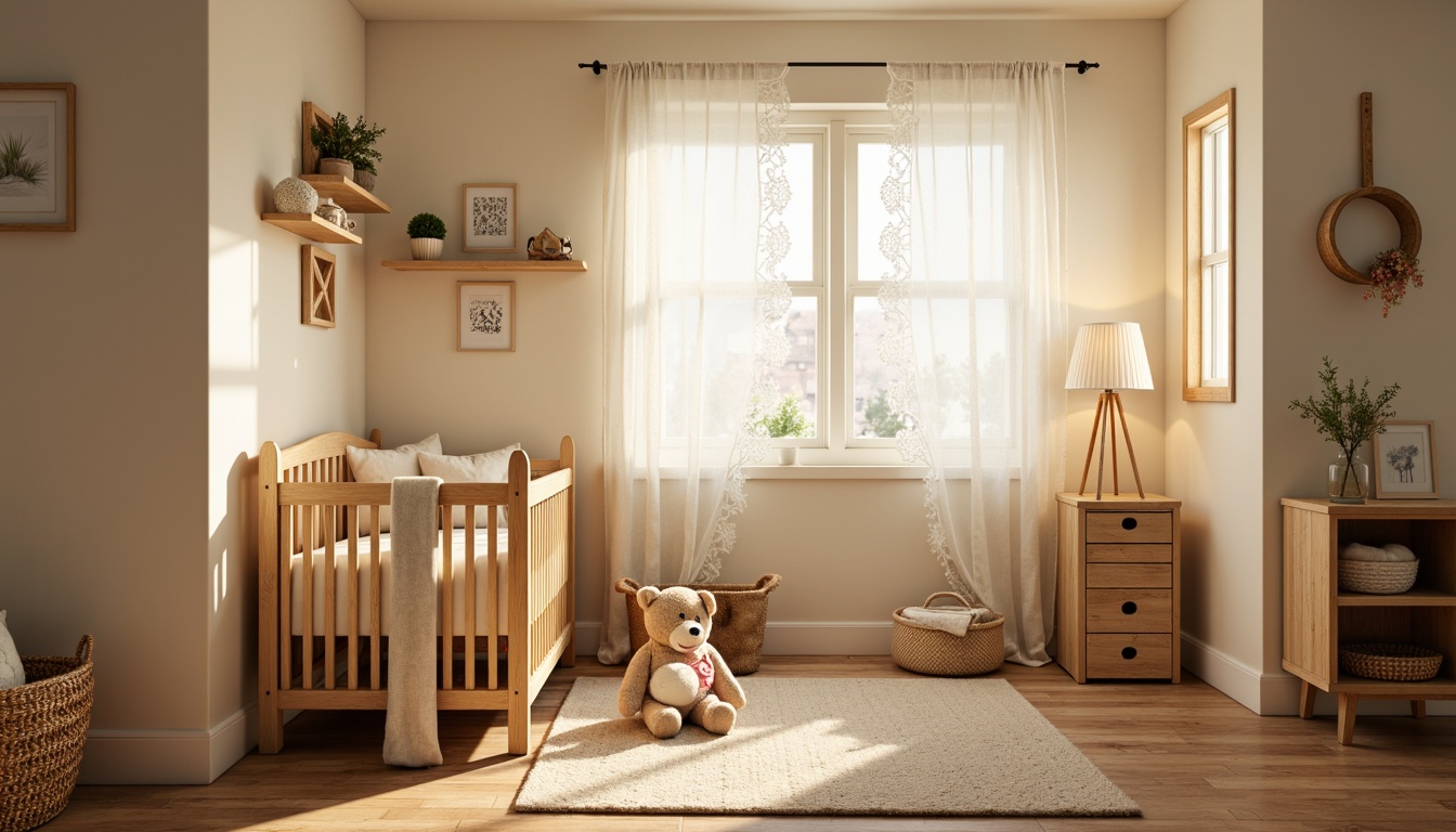 Prompt: Cozy baby room, vernacular style, soft warm lighting, creamy whites, pastel colors, natural wood furniture, plush toys, woven baskets, delicate lace curtains, gentle glow, table lamps, floor lamps, warm beige walls, rustic wooden floors, comfortable reading nook, peaceful atmosphere, shallow depth of field, 1/1 composition, intimate close-up shots, realistic textures, ambient occlusion.