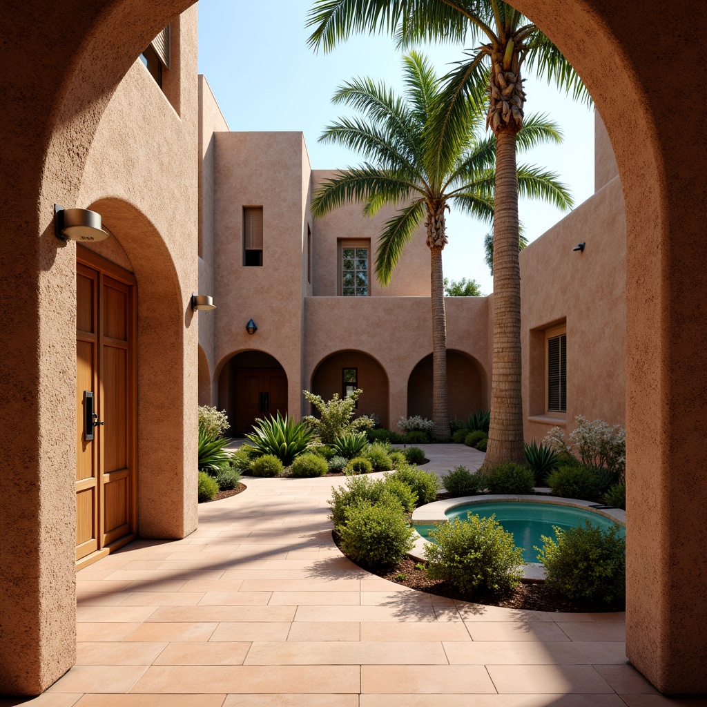 Prompt: Adobe-style courtyard, rustic textured walls, earthy terracotta floors, vibrant turquoise accents, ornate wooden doors, wrought iron fixtures, lush greenery, mature palm trees, warm sunny day, soft natural lighting, shallow depth of field, 1/1 composition, realistic textures, ambient occlusion.