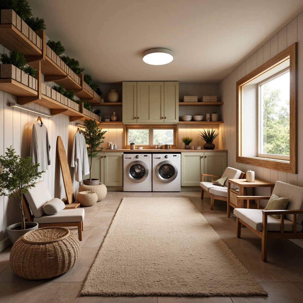 Prompt: Cozy laundry room, warm lighting, soft pastel colors, wooden cabinets, vintage washing machines, woven baskets, natural textiles, plush area rugs, comfortable seating areas, built-in ironing boards, ergonomic design, ample storage spaces, rustic wood accents, earthy color palette, softbox lighting, 1/1 composition, shallow depth of field, realistic textures.