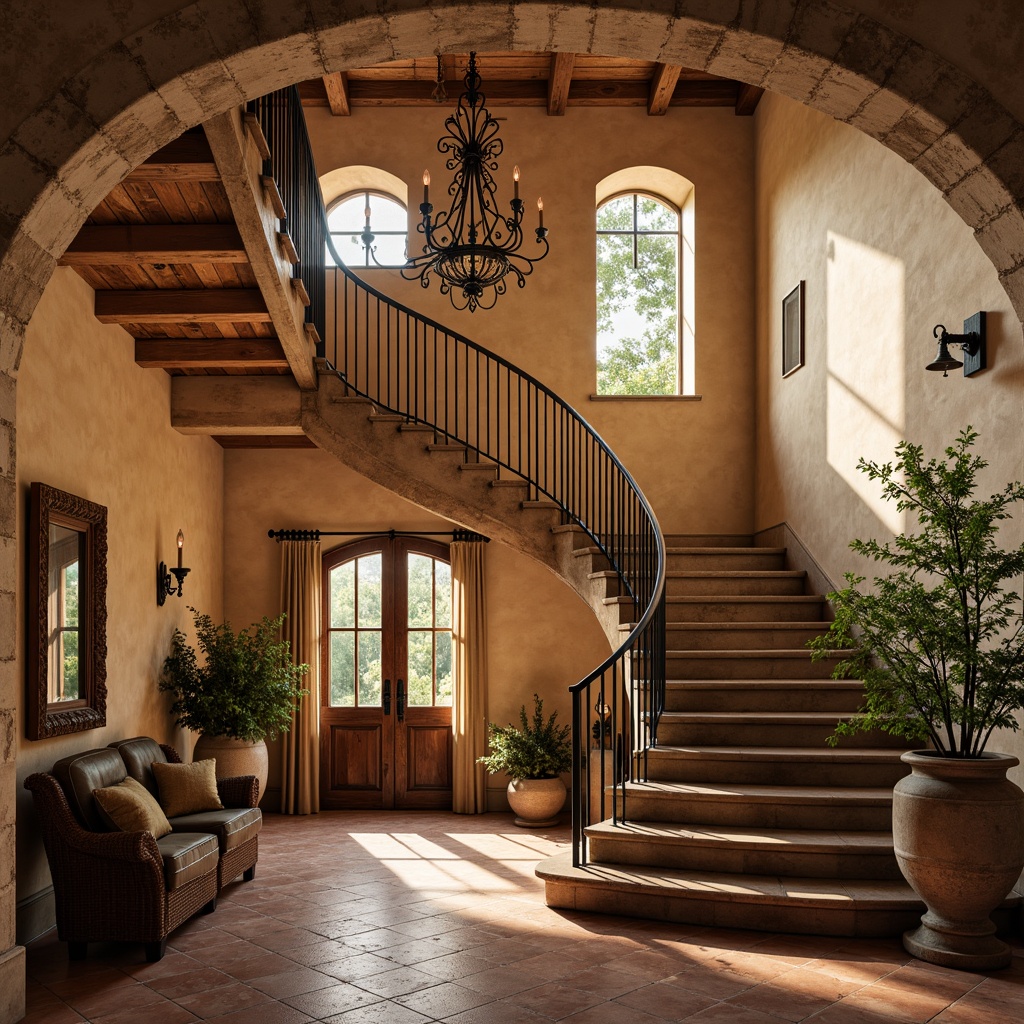 Prompt: Warm Mediterranean staircase, ornate iron balusters, curved wooden handrails, terra cotta flooring, rustic stone walls, arched windows, soft warm lighting, shallow depth of field, 3/4 composition, grand entrance hall, elegant chandelier, carved wooden newel posts, distressed wood accents, earthy color palette, natural textures, ambient occlusion.