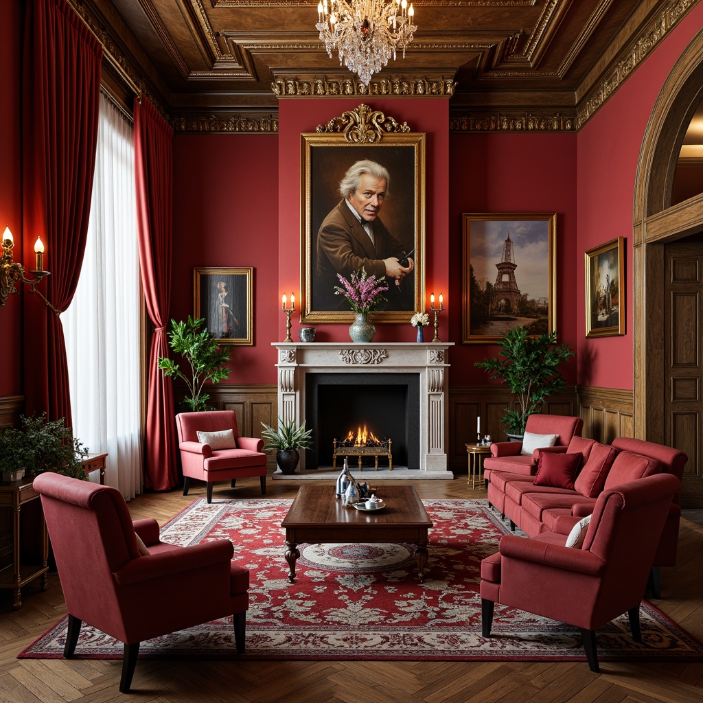 Prompt: Luxurious living room, rich velvet drapes, ornate gold frames, lavish crystal chandeliers, majestic marble fireplaces, intricate wooden carvings, regal red walls, opulent golden accents, sumptuous silk upholstery, extravagant patterned rugs, dramatic coved ceilings, soft warm candlelight, 1/2 composition, realistic textures, ambient occlusion.