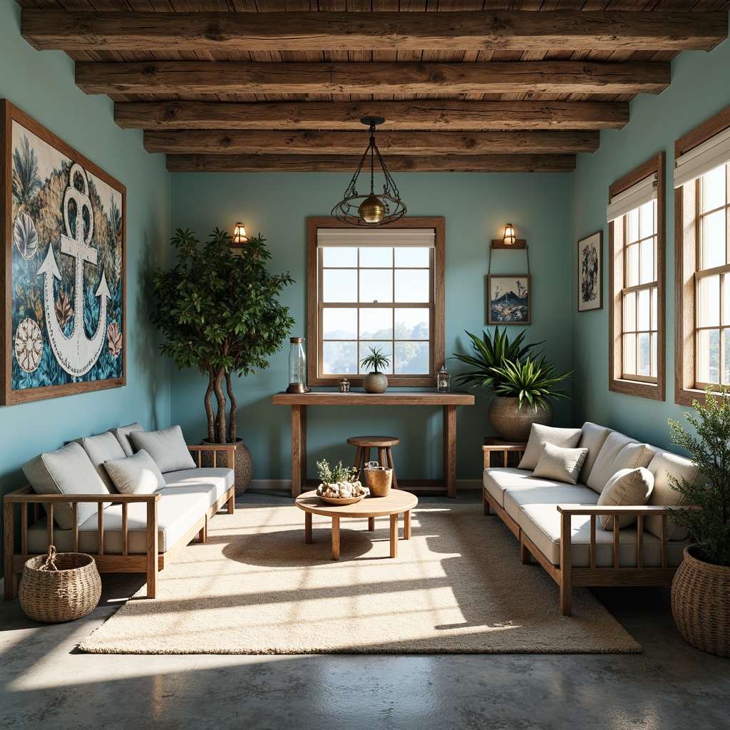 Prompt: Driftwood accents, ocean-blue hues, sandy textures, seashell ornaments, nautical ropes, vintage anchors, distressed wood furniture, beachy lighting fixtures, coral-inspired patterns, tropical plants, natural stone flooring, wavy lines, airy atmosphere, soft warm glow, 1/1 composition, shallow depth of field, realistic renderings, ambient occlusion.