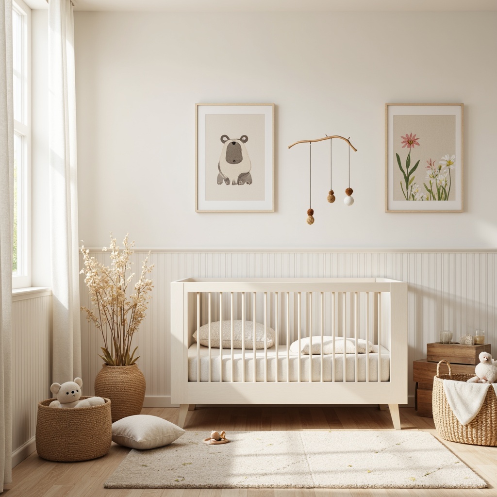 Prompt: Soft pastel colors, gentle fabrics, minimalist decor, crib with clean lines, simple mobiles, cream-colored walls, warm beige flooring, natural wood accents, subtle texture patterns, calming atmosphere, softbox lighting, shallow depth of field, 1/1 composition, serene ambiance, white cotton curtains, gentle breeze, peaceful nursery rhyme-inspired artwork, wooden toy storage boxes, woven baskets, comfortable gliders, cozy throw blankets.