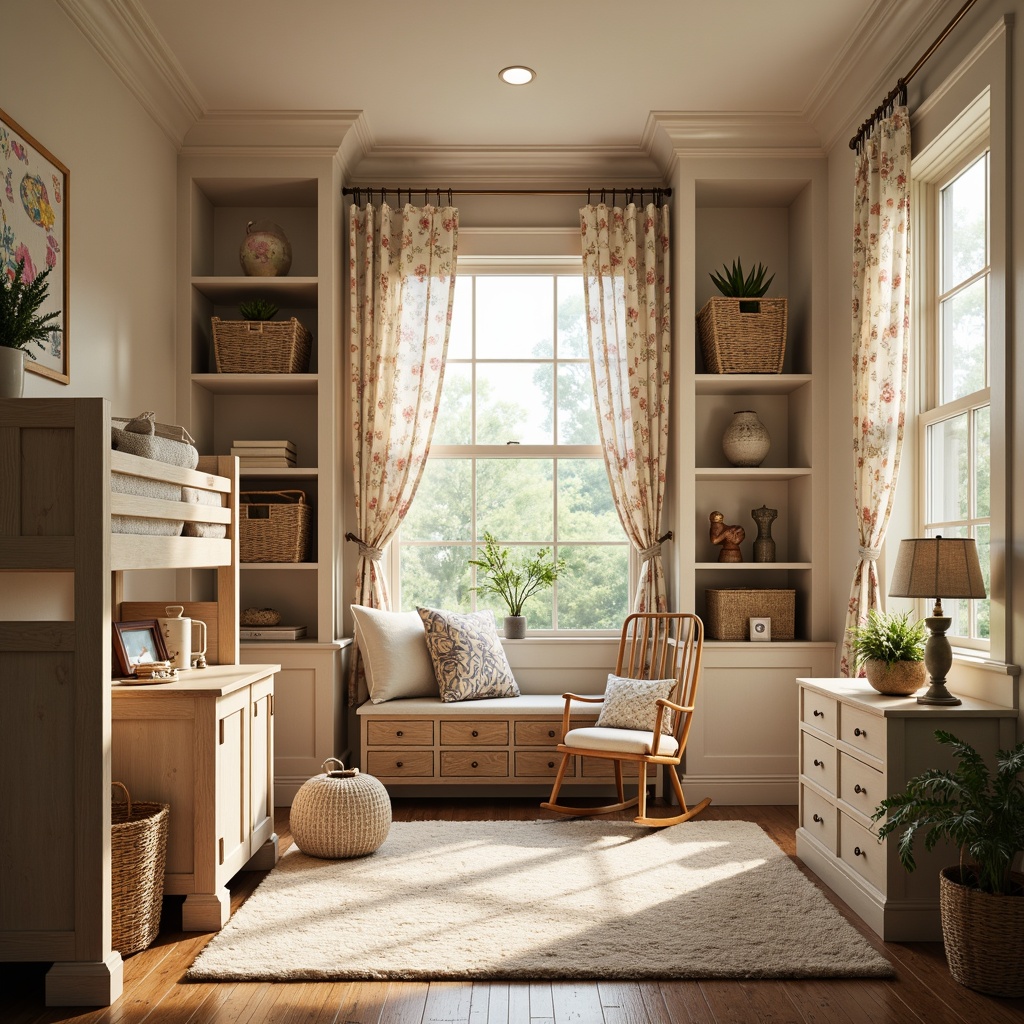 Prompt: Whimsical kids' bedroom, vintage-inspired furniture, distressed wood tones, soft pastel colors, plush area rug, cozy reading nook, built-in bookshelves, wooden rocking chair, wicker storage baskets, floral patterned curtains, natural textiles, warm afternoon sunlight, shallow depth of field, 1/1 composition, intimate atmosphere, realistic textures, ambient occlusion.