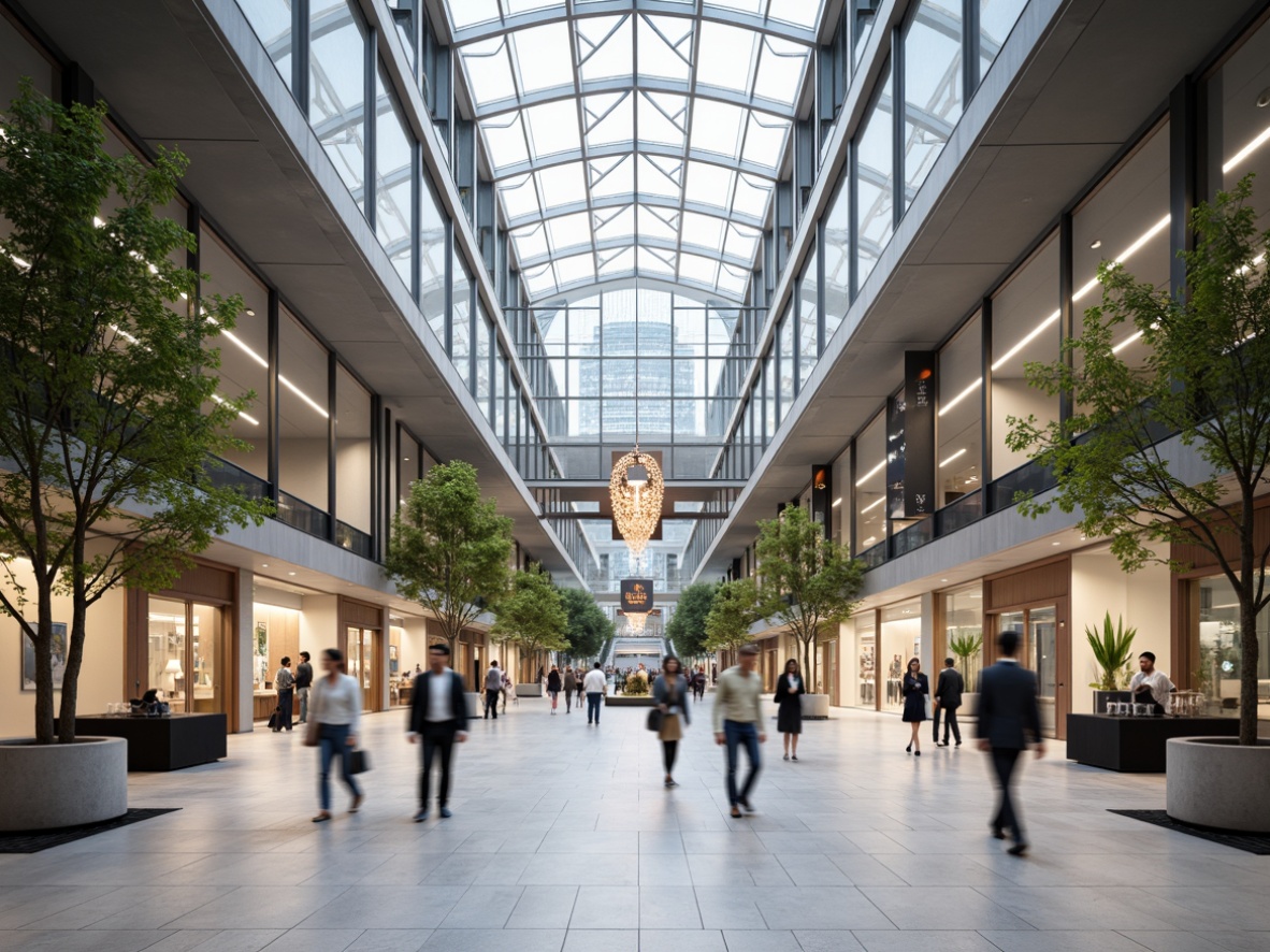 Prompt: Airy atrium, natural light pouring in, minimalist decor, sleek marble floors, geometric patterned ceilings, modern chandeliers, sparse greenery, industrial metal beams, open staircases, simplistic signage, monochromatic color scheme, abundant negative space, clean lines, minimal ornamentation, high ceiling, skylights, urban cityscape views, busy streets, blurred pedestrian motion, shallow depth of field, 1/2 composition, soft warm lighting, realistic reflections, ambient occlusion.