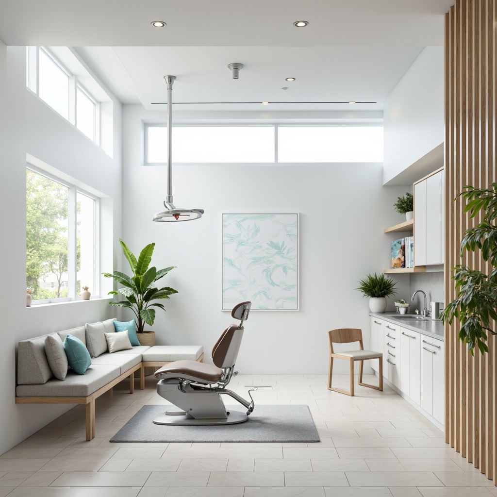 Prompt: Calming dental clinic interior, soft white walls, polished chrome fixtures, sleek minimalist furniture, neutral tone flooring, subtle wood accents, crisp natural light, airy open spaces, gentle color palette, soothing pastel shades, creamy whites, pale grays, blues and greens, industrial-style lighting, geometric patterns, modern typography, clean lines, minimal ornamentation, serene ambiance, shallow depth of field, 1/1 composition, softbox lighting, realistic textures, ambient occlusion.Let me know if you need any adjustments!