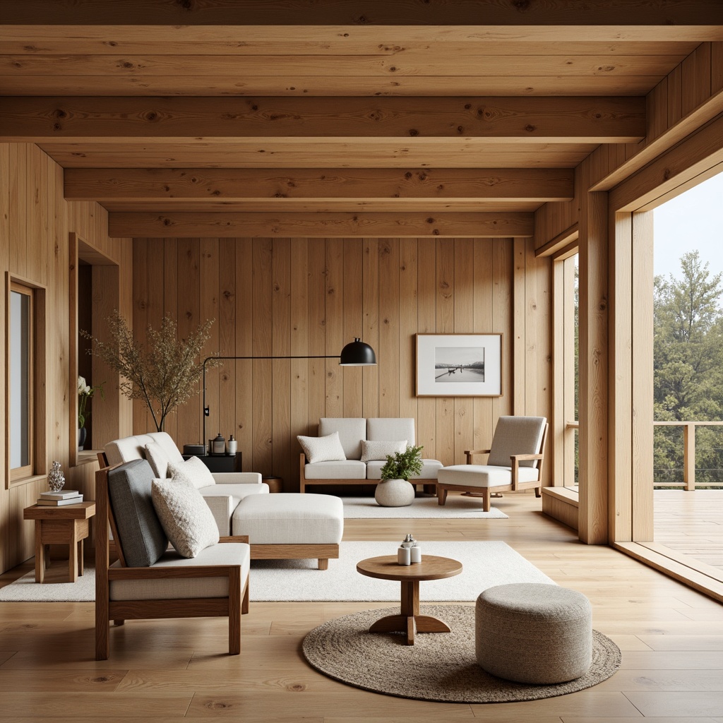 Prompt: Natural wooden accents, light oak textures, minimal ornamentation, cozy cabin feel, warm inviting atmosphere, Nordic-inspired furniture, rustic wooden beams, earthy color palette, nature-inspired patterns, organic shapes, simplicity and functionality, soft diffused lighting, shallow depth of field, 3/4 composition, realistic wood grain, ambient occlusion.