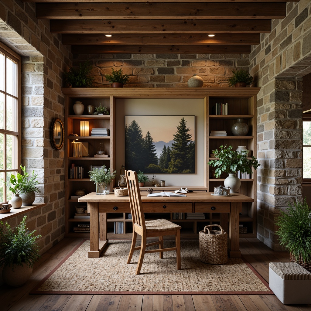 Prompt: Rustic home office, wooden desk, vintage chair, earthy color palette, natural textures, reclaimed wood walls, exposed brick, stone veneer, rough-hewn beams, cozy atmosphere, soft warm lighting, traditional decor, antique accessories, distressed finishes, matte paint, woven baskets, potted plants, nature-inspired artwork, 3/4 composition, shallow depth of field.