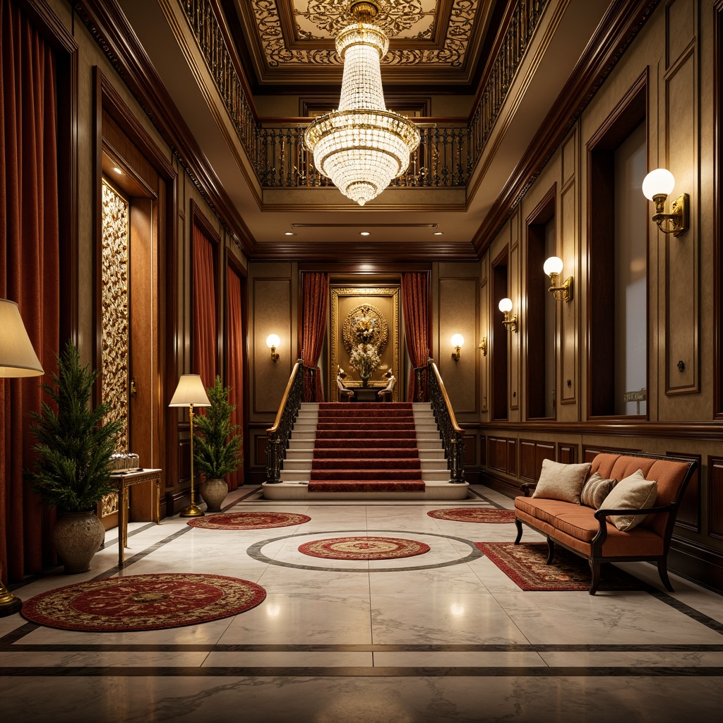 Prompt: Luxurious mansion, ornate facade, grand entrance, intricately carved doors, polished marble floors, crystal chandeliers, lavish furnishings, velvet drapes, golden accents, patterned rugs, majestic staircase, opulent decor, warm ambient lighting, soft focus, 1/2 composition, atmospheric perspective, high-end textures, detailed ornaments.