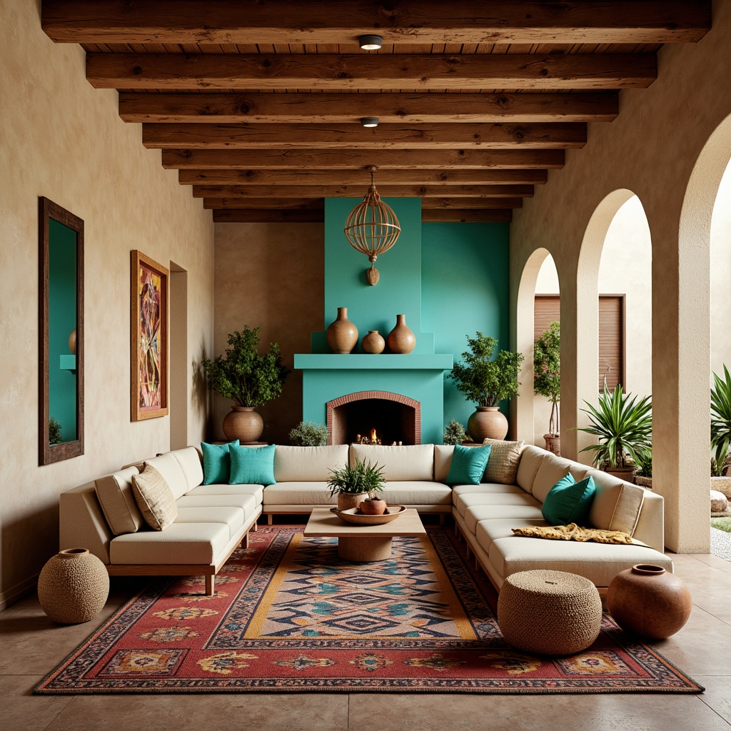 Prompt: Vibrant turquoise accents, warm beige walls, rustic wooden beams, plush sectional sofas, vibrant Native American patterned rugs, colorful ceramic vases, natural stone fireplaces, woven wicker furniture, earthy terracotta pots, lush green plants, soft warm lighting, 3/4 composition, panoramic view, realistic textures, ambient occlusion.