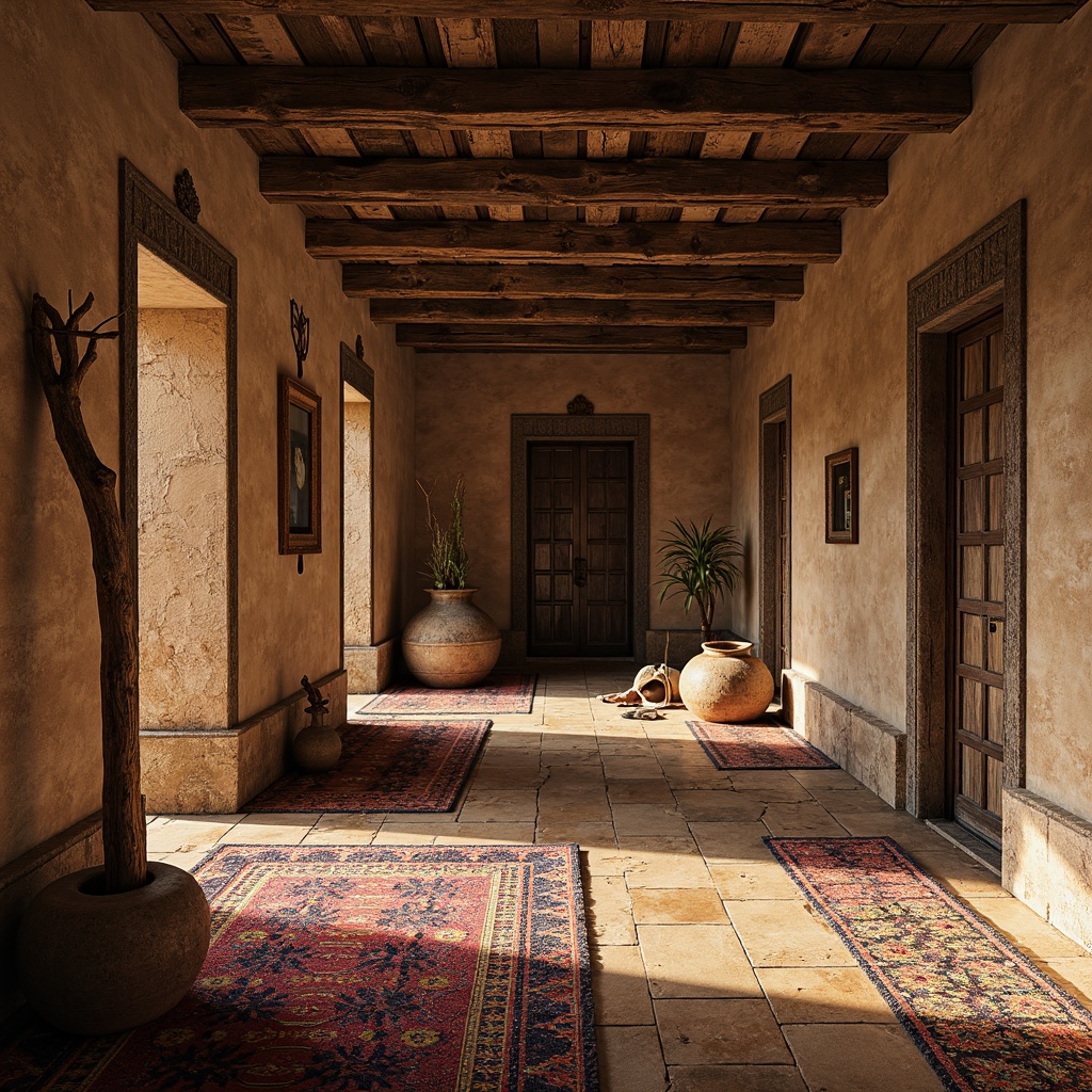 Prompt: Rustic wooden planks, distressed metal sheets, rough-hewn stone walls, intricately carved doorways, ornate ceramic tiles, vibrant woven textiles, layered geometric patterns, earthy natural materials, warm golden lighting, shallow depth of field, 1/2 composition, atmospheric perspective, realistic surface normals, ambient occlusion.