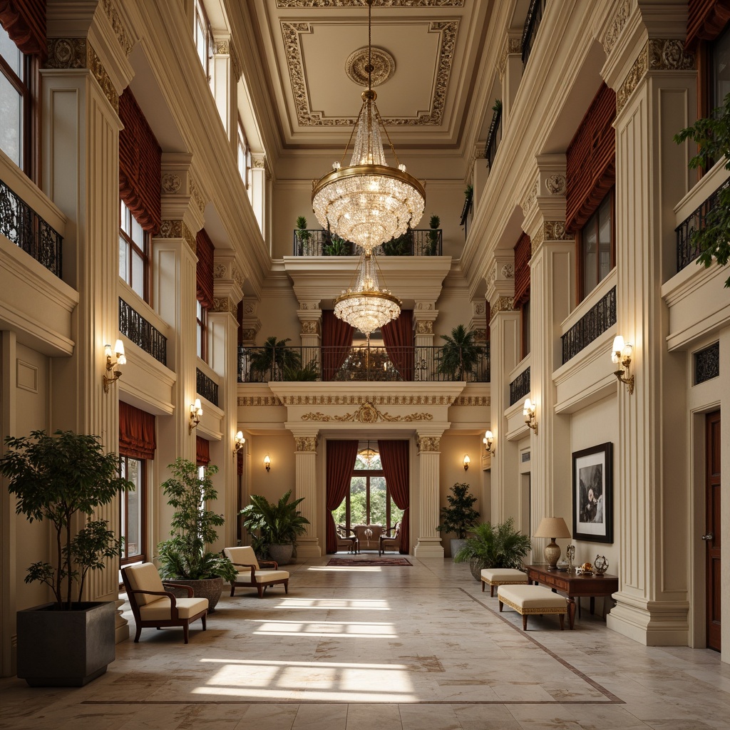 Prompt: Elegant neoclassical building, ornate details, rich marble columns, carved stone facades, grandiose entranceways, symmetrical architecture, muted earthy tones, soft cream walls, warm beige accents, subtle golden trim, refined ornamental patterns, intricate moldings, luxurious velvet fabrics, opulent crystal chandeliers, dramatic high ceilings, cinematic lighting, 1/2 composition, shallow depth of field, atmospheric perspective.